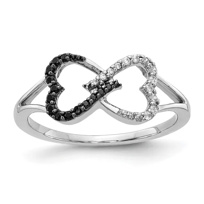 Goldiacom Rings 14k White Gold Black and White Real Diamond Infinity Heart Ring
