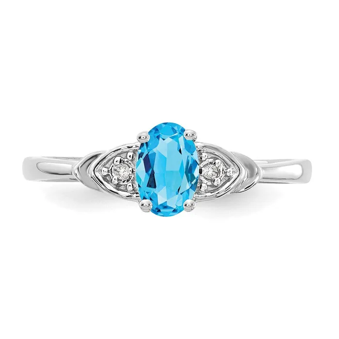 Goldiacom Rings 14k White Gold Blue Topaz and Real Diamond Ring