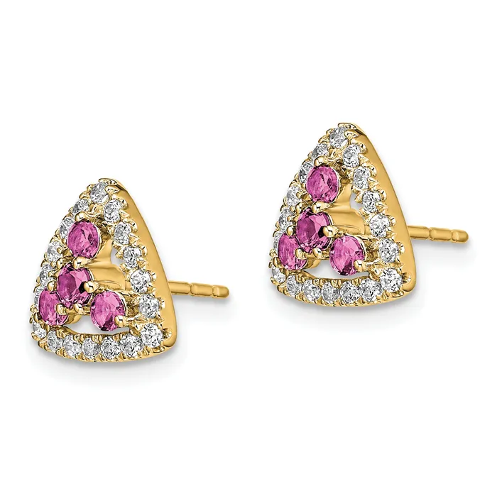 Goldia Earrings 14k Yellow Gold Pure Serenity 38 Ct Lab Grown Diamond VSSI G and Lab Created Pink Sapphire Triangle Post Earrings