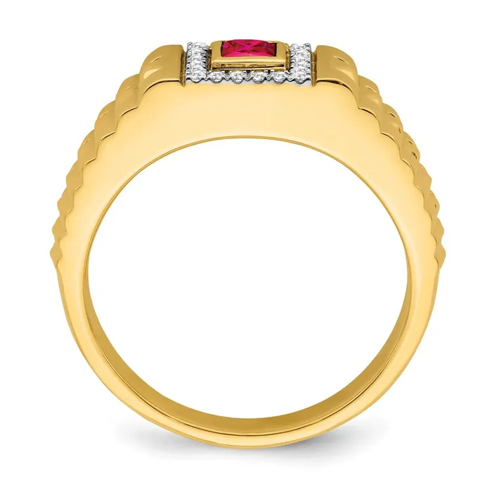 Goldia Rings 14K Yellow Gold Square Ruby and Real Diamond Mens Ring