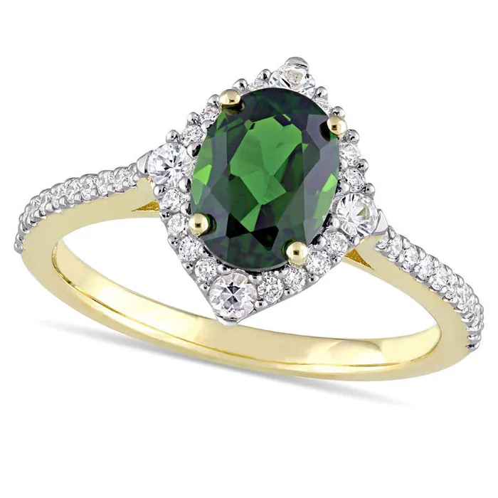 Oval Chrome Diopside White Sapphire and 025 CT TW Natural Diamond Frame Ring in Solid 14K Gold Goldia Rings