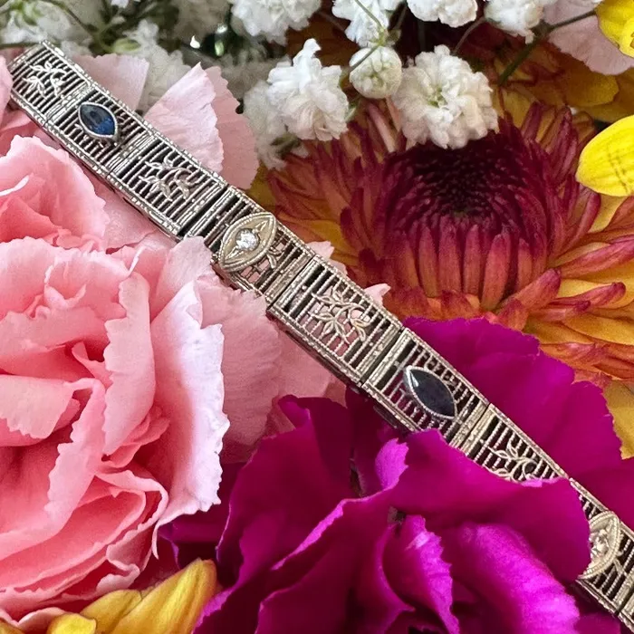 10 Karat White Gold Art Deco Synthetic Sapphire Diamond Bracelet 54000108 ONeills Estate Jewelry Bracelets