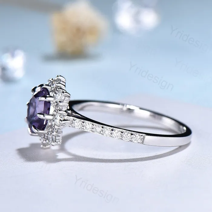 PENFINE Vintage amethyst engagement ring white gold halo moissanite wedding ring for women anniversary bridal ring promise ring Rings
