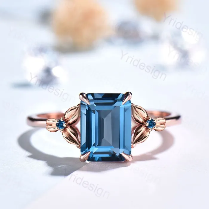 Vintage Emerald Cut London Blue Topaz Ring Unique Nature Inspired Engagement Ring Leaves Flower wedding Band Ring For Women Anniversary Gift PENFINE Rings Vintage Emerald Cut London Blue Topaz Ring Unique Nature Inspired Engagement Ring Leaves Flower wedding Band Ring For Women Anniversary Gift PENFINE Rings
