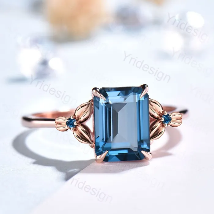 Vintage Emerald Cut London Blue Topaz Ring Unique Nature Inspired Engagement Ring Leaves Flower wedding Band Ring For Women Anniversary Gift PENFINE Rings Vintage Emerald Cut London Blue Topaz Ring Unique Nature Inspired Engagement Ring Leaves Flower wedding Band Ring For Women Anniversary Gift PENFINE Rings