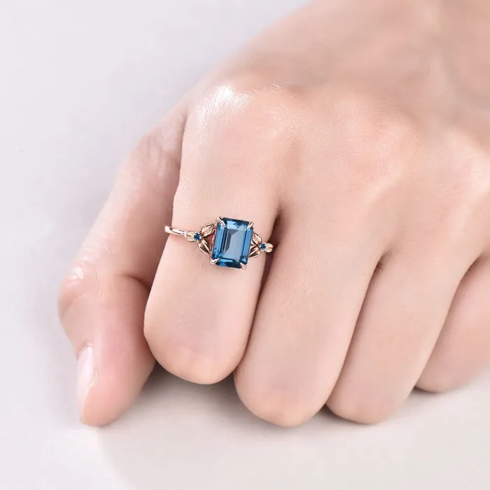 Vintage Emerald Cut London Blue Topaz Ring Unique Nature Inspired Engagement Ring Leaves Flower wedding Band Ring For Women Anniversary Gift PENFINE Rings Vintage Emerald Cut London Blue Topaz Ring Unique Nature Inspired Engagement Ring Leaves Flower wedding Band Ring For Women Anniversary Gift PENFINE Rings