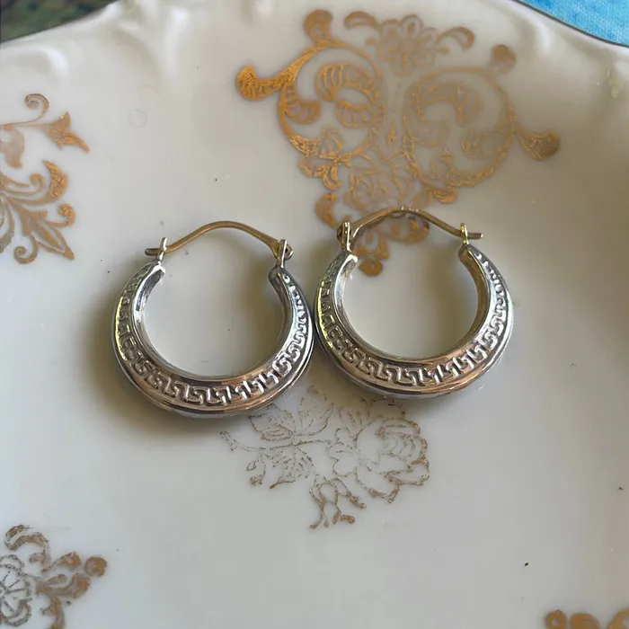 Greek Key Hoop Earrings 14k White and Yellow Gold Vintage Vintage Paris Jewelry Earrings Greek Key Hoop Earrings 14k White and Yellow Gold Vintage Vintage Paris Jewelry Earrings