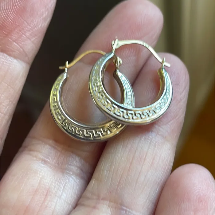 Greek Key Hoop Earrings 14k White and Yellow Gold Vintage Vintage Paris Jewelry Earrings Greek Key Hoop Earrings 14k White and Yellow Gold Vintage Vintage Paris Jewelry Earrings
