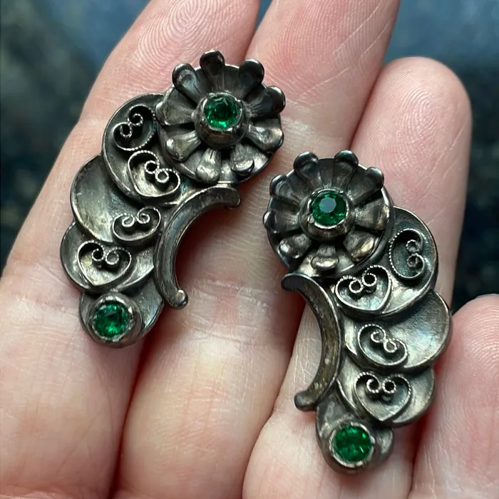 Green Paste Flower Earrings Sterling Silver Vintage Vintage Paris Jewelry Earrings