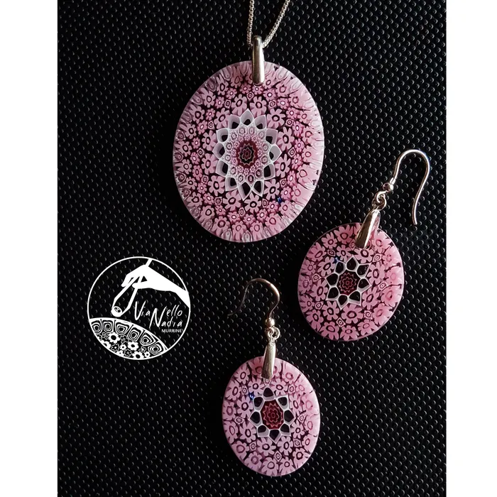 Vianello Nadia Murrine di Trebbi Davide Earrings Murano glass Pink Pendant and earrings set Millefiori 27