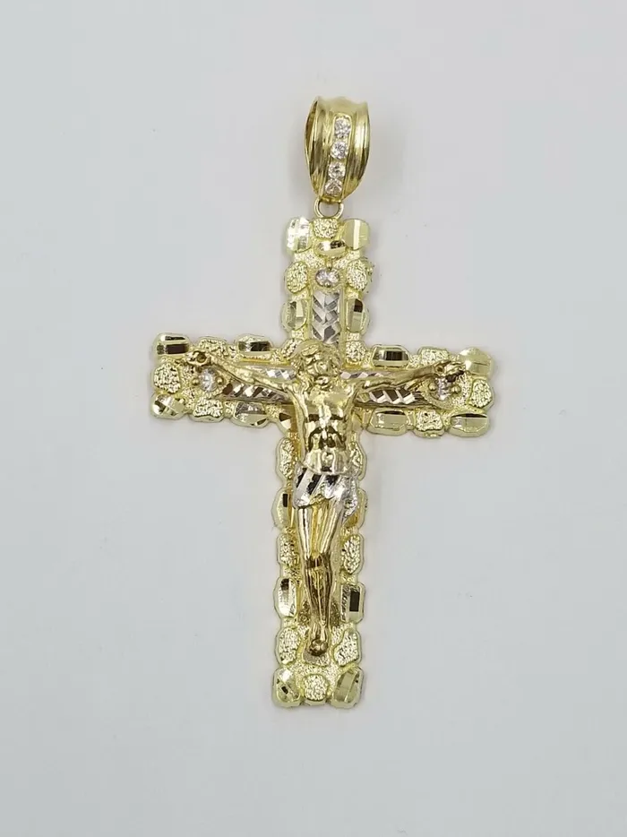 10k Gold Byzantine 24 Necklace Jesus Nugget Cross Pendant 3 Charm 5mm Chain Gold and Diamond Necklaces