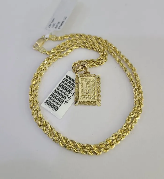 10k Gold Initial H Charm Rope Chain 1626 25mm SET Necklace Alphabet Pendant Gold and Diamond Necklaces