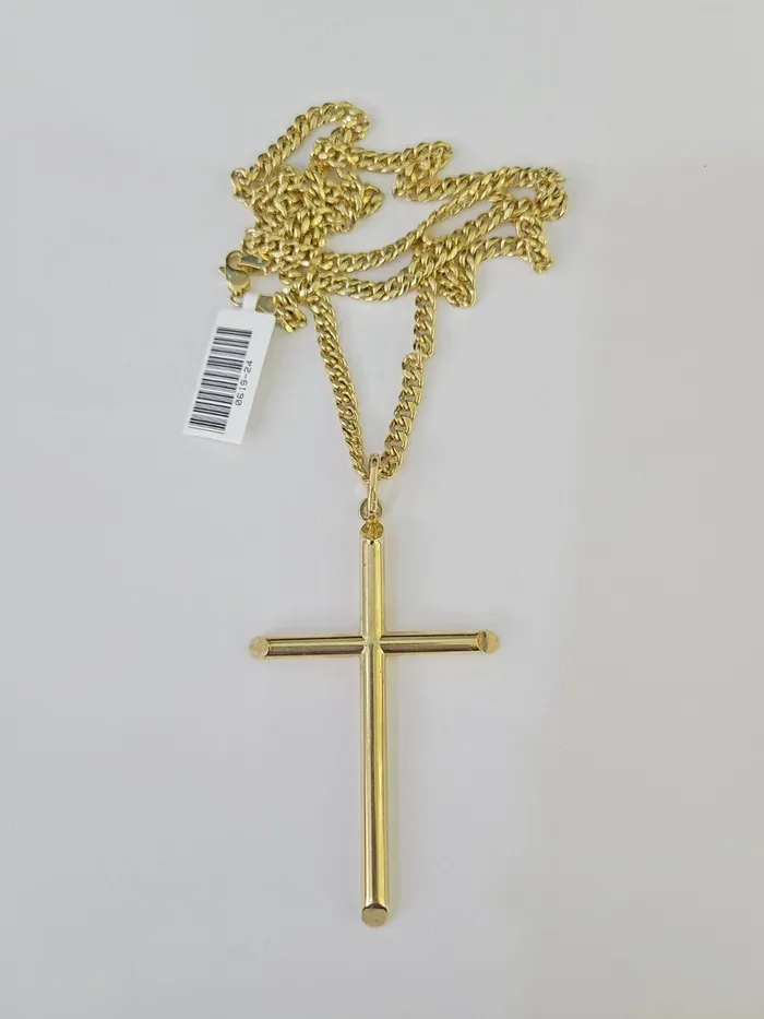 Globalwatches10 10k Miami Cuban Chain Jesus Cross Charm Set 4mm 1828 Necklace Yellow Gold Necklaces