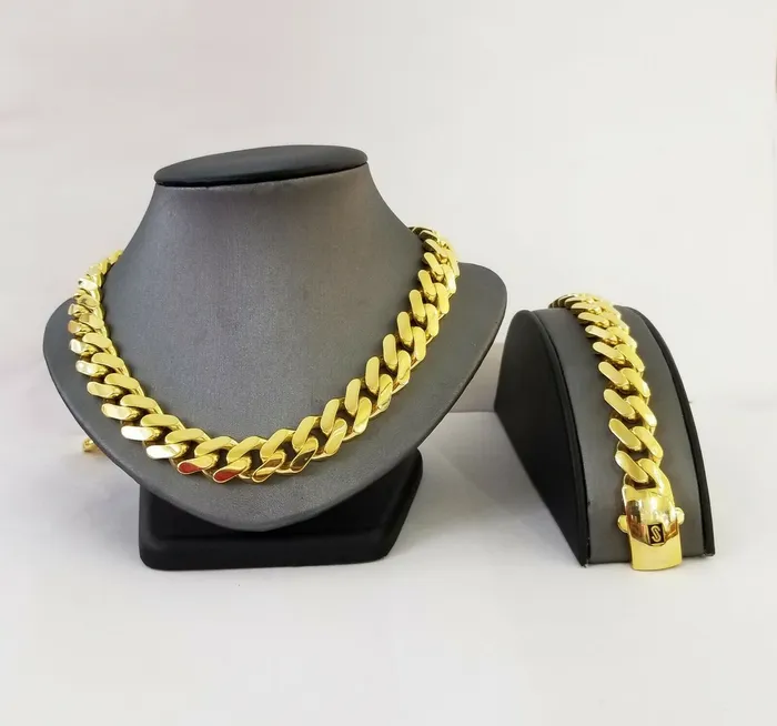 Gold and Diamond 10k Gold Cuban Link Royal 15mm Monaco chain and Bracelet 10kt Real gold set Bracelets