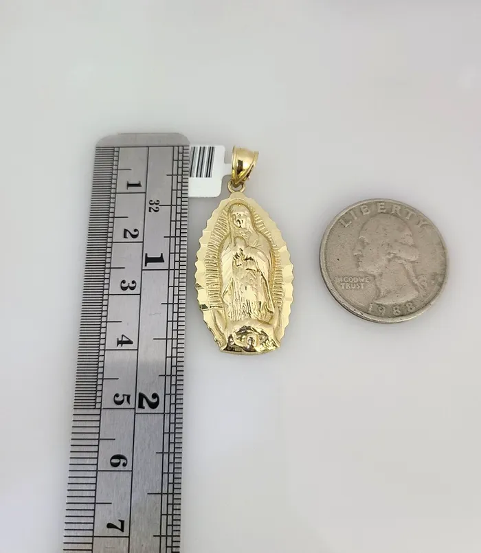 Gold and Diamond Charm Necklaces 10K Solid Gold Miami Cuban Chain SET Virgin Mary Pendant Charm 1826 25mm
