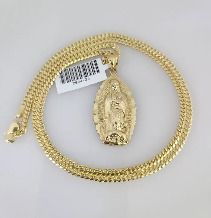 Gold and Diamond Charm Necklaces 10K Solid Gold Miami Cuban Chain SET Virgin Mary Pendant Charm 1826 25mm