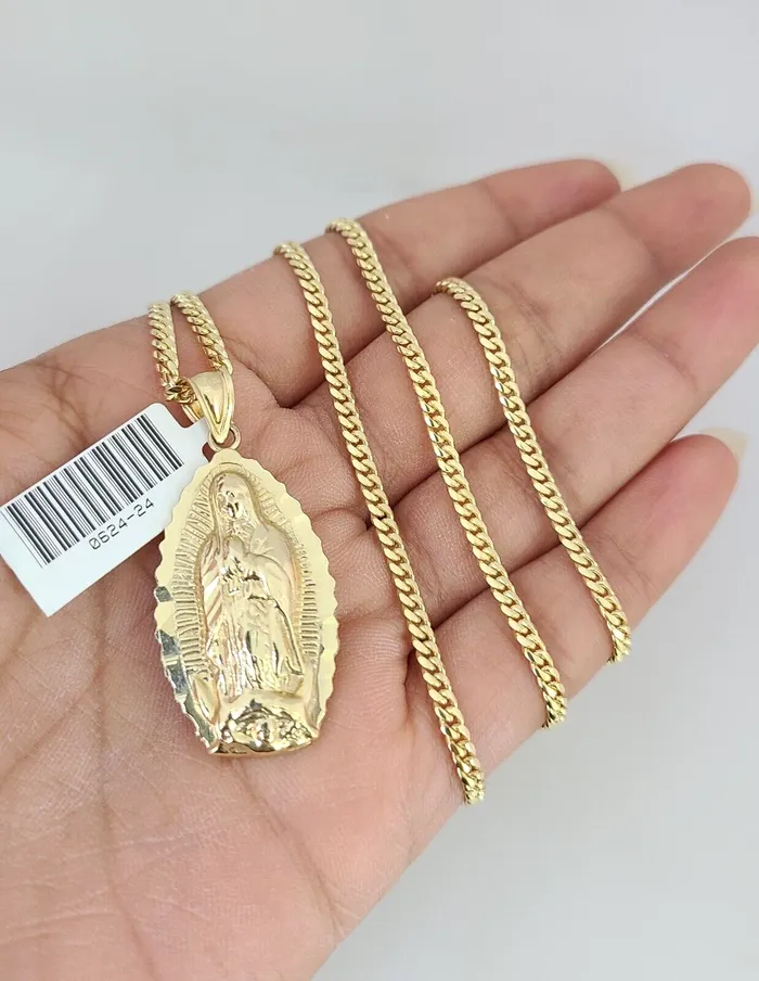 Gold and Diamond Charm Necklaces 10K Solid Gold Miami Cuban Chain SET Virgin Mary Pendant Charm 1826 25mm