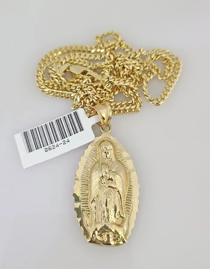 Gold and Diamond Charm Necklaces 10K Solid Gold Miami Cuban Chain SET Virgin Mary Pendant Charm 1826 25mm