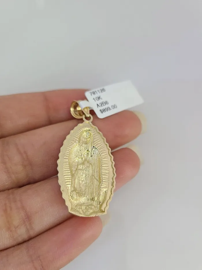 Gold and Diamond Charm Necklaces 10K Solid Gold Miami Cuban Chain SET Virgin Mary Pendant Charm 1826 25mm