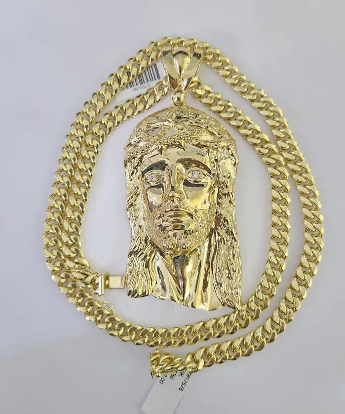 Gold and Diamond Necklaces 10K Miami Cuban Link Chain Jesus Head Pendent Charm 8mm 2030 Necklace Gold
