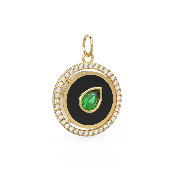 Jalvi Co Necklaces Pear Green Emerald Yellow Gold Diamond Enamel Pave Diamond Disc Charm Necklace Pendant