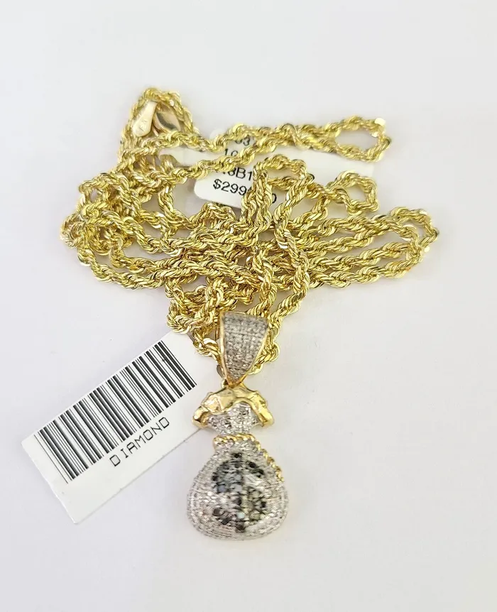 Necklaces 10k Solid Rope Chain 2mm Money Bag Diamond Pendant Charm Necklace SET 1822 in Gold and Diamond