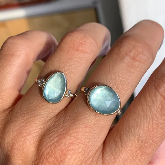 Emily Amey Jewelry Rings Aquamarine Ring with Diamond clusters in 14k yellow gold