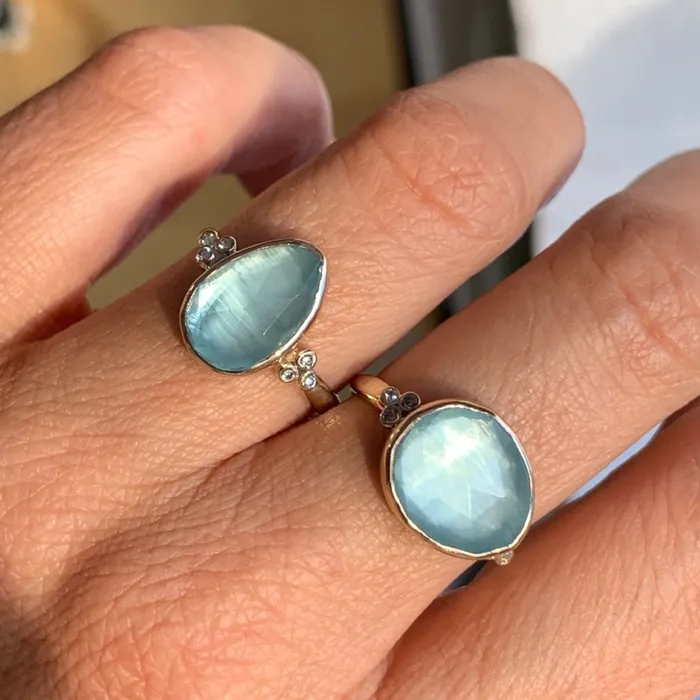 Emily Amey Jewelry Rings Aquamarine Ring with Diamond clusters in 14k yellow gold