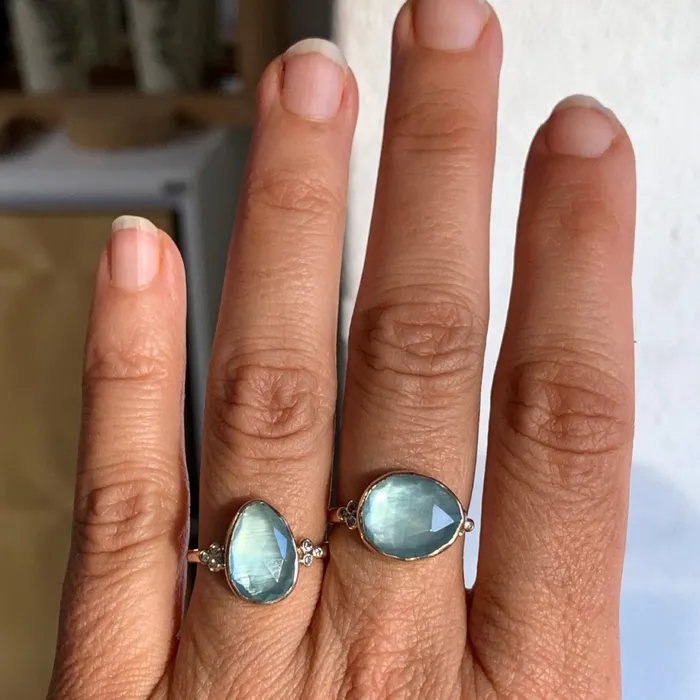 Emily Amey Jewelry Rings Aquamarine Ring with Diamond clusters in 14k yellow gold