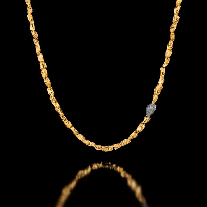Folded 24K Gold Beads and a Raw Diamond Necklace Gzahav Necklaces