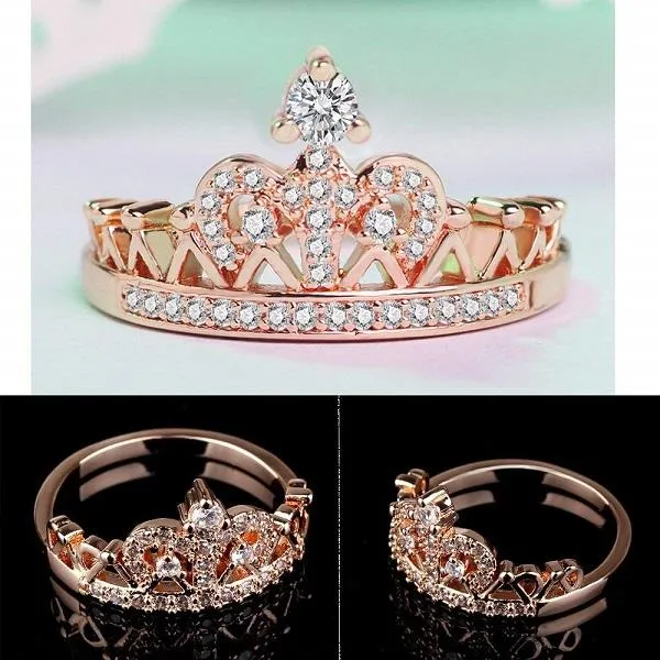 Rings sparklingselections New Rose Gold Silver Color Metal CZ Zirconia Princess Crown Shaped Finger Ring For Women Exquisite Luxury Wedding Jewelry For Party Occasions