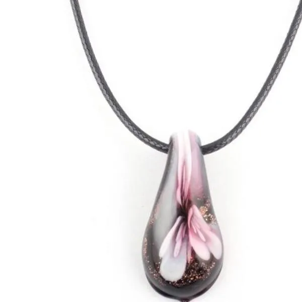 sparklingselections Necklaces Flower Lampwork Water Drop Shape Women Leather Chain Necklace