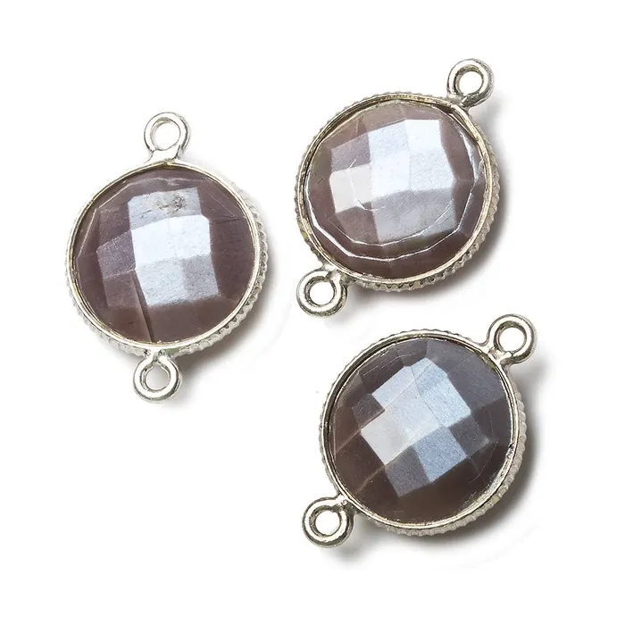 15mm Silver Corrugated Bezel Chocolate Moonstone coin 2 ring Connector 1 pc Beadsofcambaycom Rings