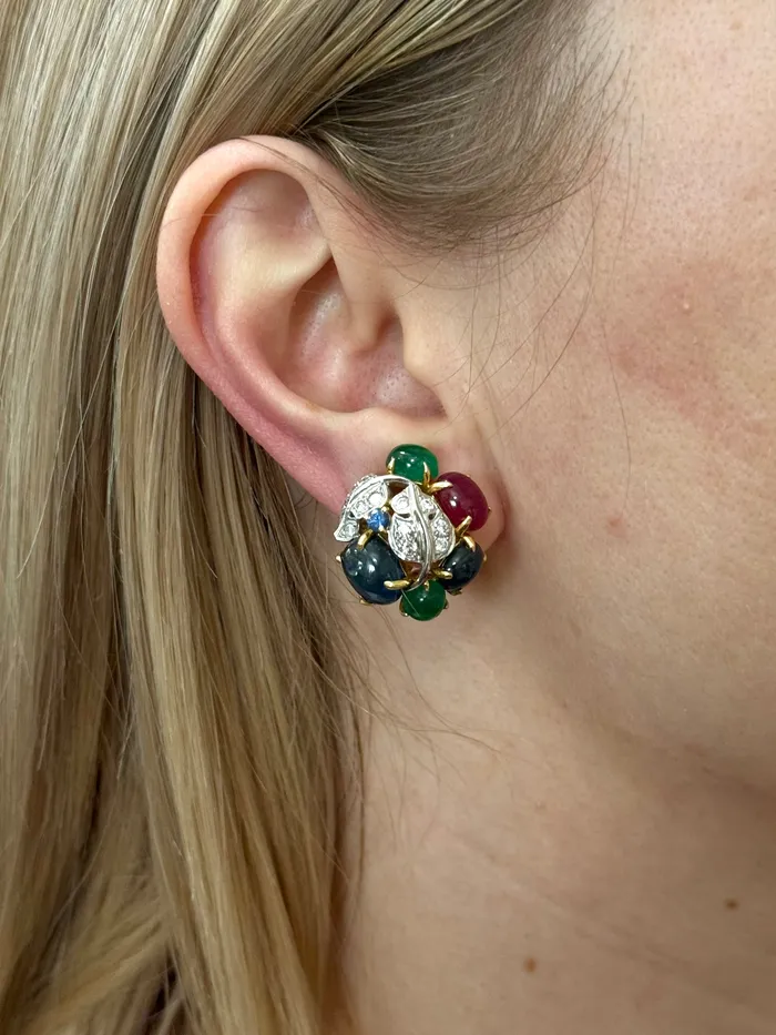 Seaman Schepps Earrings Seaman Schepps Tutti Frutti Emerald Ruby Sapphire Diamond Gold Earrings