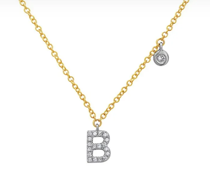 Bassali Necklaces 14k Yellow Gold Diamond Initial Bezel Dangle Necklace Various Letters Available