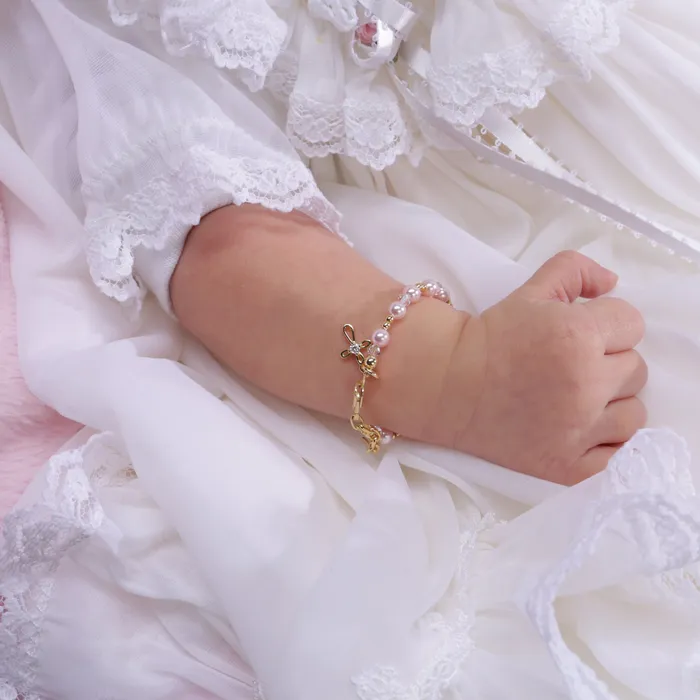 Bracelets Cherished Moments 14K GoldPlated Pink Simulated Pearl with Cross Bracelet for Baby Baptism or Communion Gift