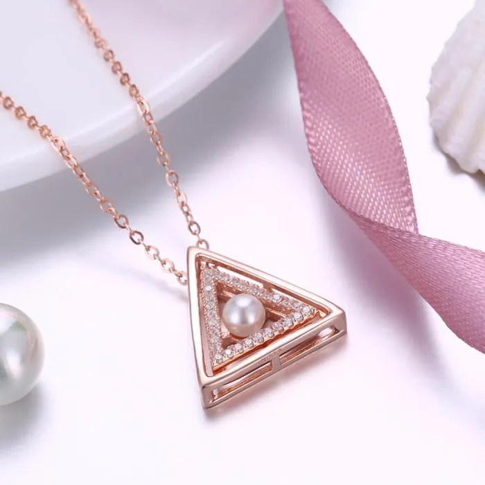 customjewelryan Sterling Silver Rose Gold Color Necklace with Triangle Design Simulated Pearl Pendant for Women Necklaces