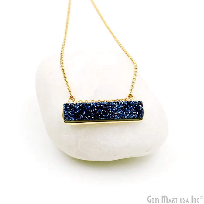 GemMartUSA Blue Druzy Gold Plated 30x11mm Rectangle Shape Double Bail Bar Pendant Necklaces