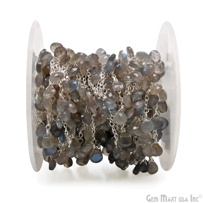 GemMartUSA Labradorite Heart 5mm Silver Wire Wrapped Dangle Rosary Chain Necklaces