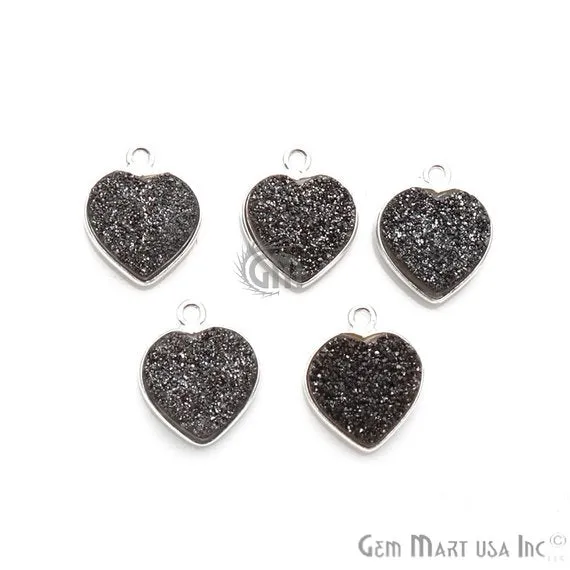 GemmartUSA Necklaces Natural Titanium Druzy 12mm Heart Silver Plated Single Bail Bezel Gemstone Connector