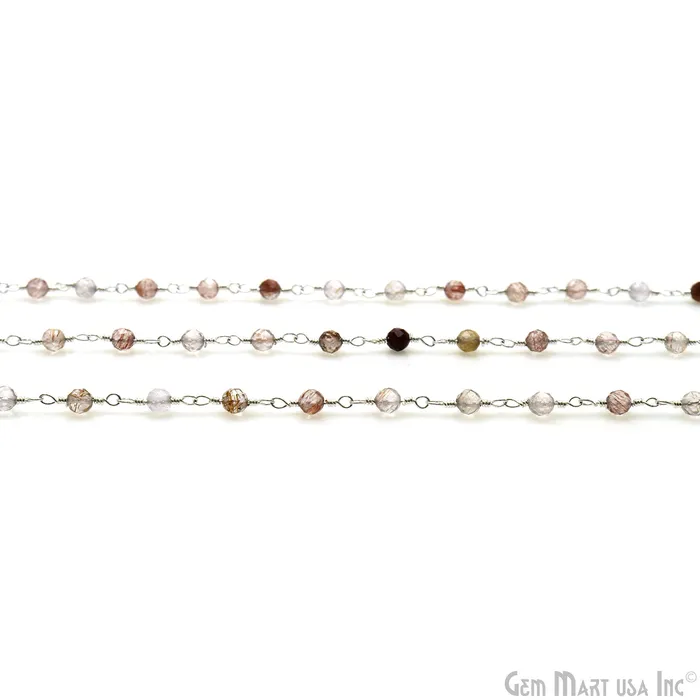 GemMartUSA Necklaces Shaded Strawberry Quartz Faceted 335mm Silver Plated Beaded Wire Wrapped Rosary Chain
