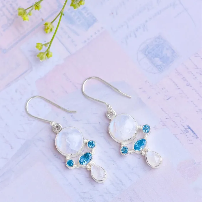 Moonstone Swiss Blue Topaz Solid 925 Sterling Silver Dangle Earrings Jewelry YoTreasure Earrings
