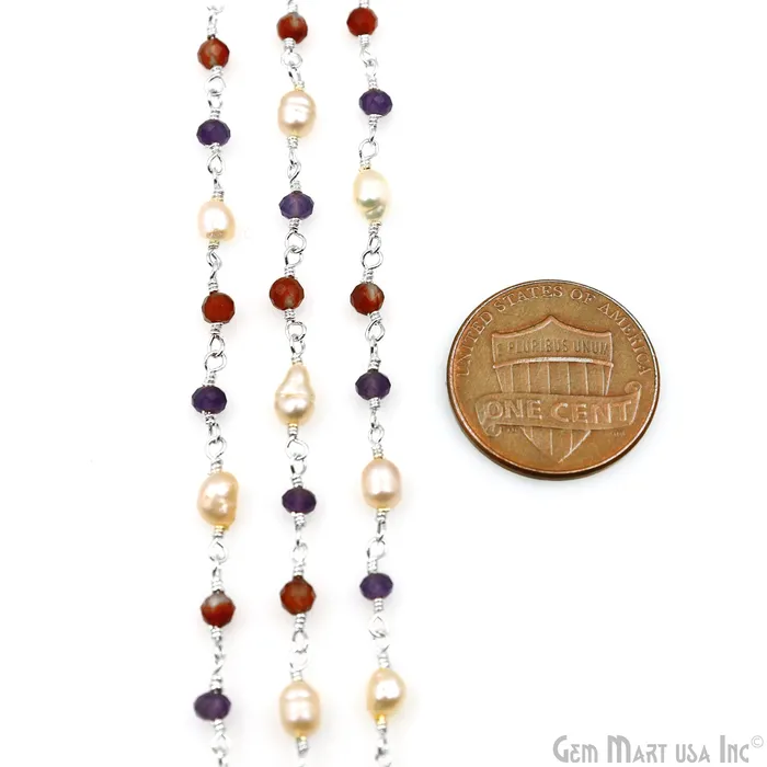 Multi Stone Pearl Beads 335mm Silver Plated Wire Wrapped Rosary Chain GemMartUSA Necklaces