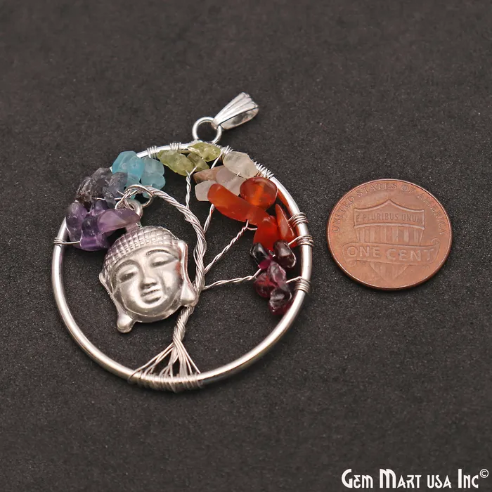 Necklaces GemMartUSA Multi Color Stone Silver Wire Wrapped Pendant With Face 45x40mm