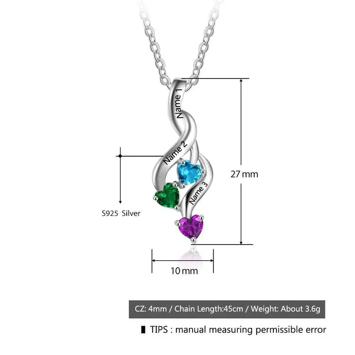 Personalized Jewel Personalized 3 Heart Birthstone Engrave Name Pendant Necklace Necklaces