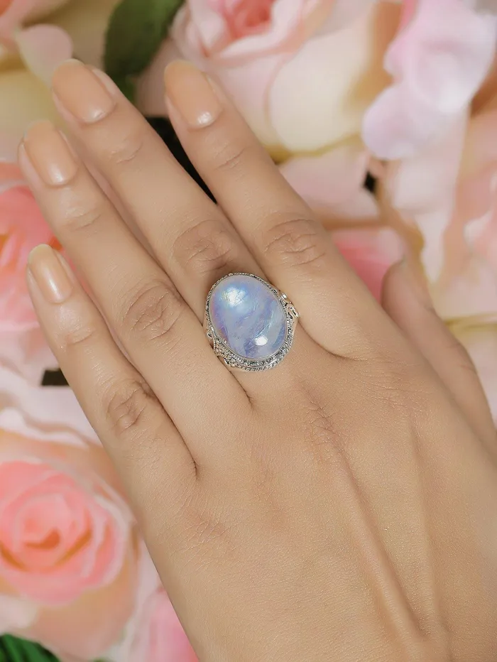 Rings YoTreasure Rainbow Moonstone Solid 925 Sterling Silver Ring Jewelry