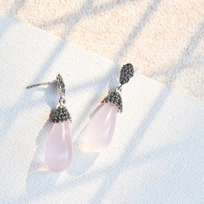 Rose Quartz Black Spinel Sterling Silver Drop Earrings YoTreasure Earrings