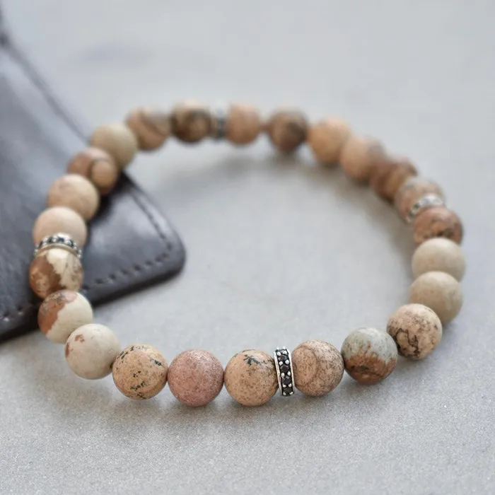 YoTreasure Bracelets Picture Jasper Black Spinel Solid 925 Sterling Silver Stretchable Beads Bracelet 7 For Mens Jewelry