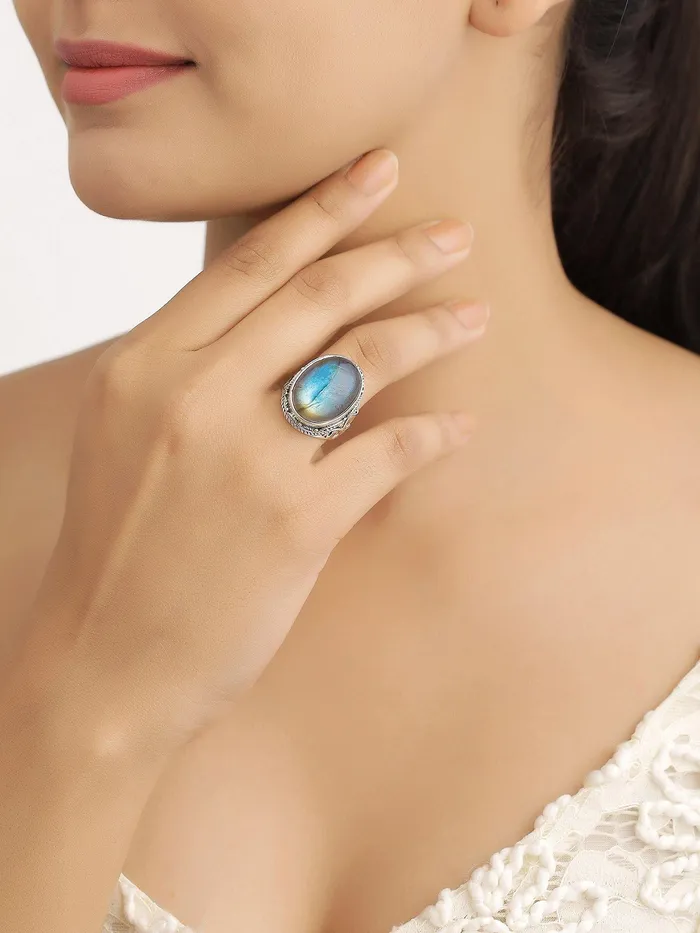 YoTreasure Rings Labradorite Solid 925 Sterling Silver Cocktail Ring Jewelry